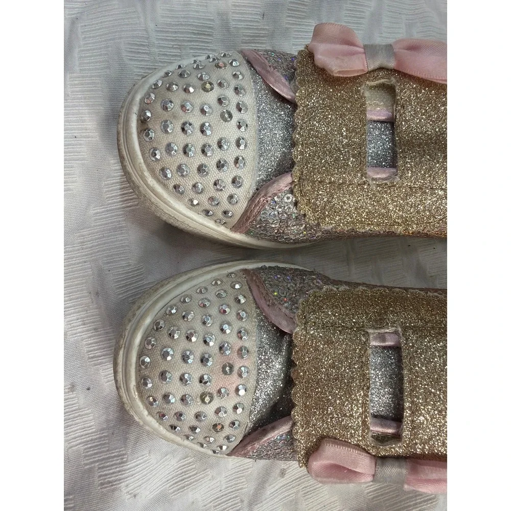 Skechers Twinkle Toes Girls Size 11 Glitter Rhinestone Bow Sneakers Hook & Loop